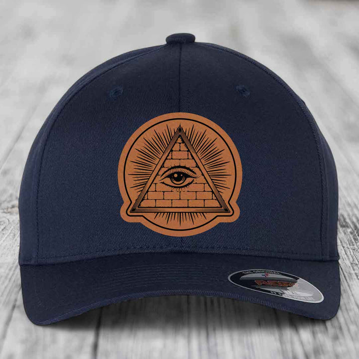 Eye of the Illuminati - Leather Patch Hat - Rawhide to Black Patch - Flexfit 6277 Fitted Hat