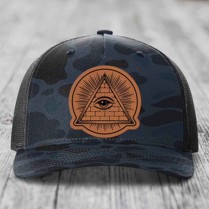 Eye of the Illuminati - Leather Patch Hat - Rawhide to Black Patch - Richardson 112PFP Snapback Trucker Hat