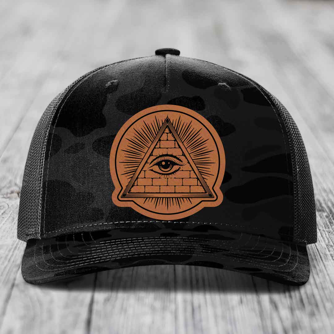 Eye of the Illuminati - Leather Patch Hat - Rawhide to Black Patch - Richardson 112PFP Snapback Trucker Hat