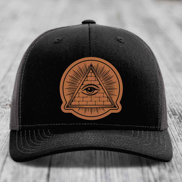 Eye of the Illuminati - Leather Patch Hat - Rawhide to Black Patch - Richardson 112 Snapback Trucker Hat