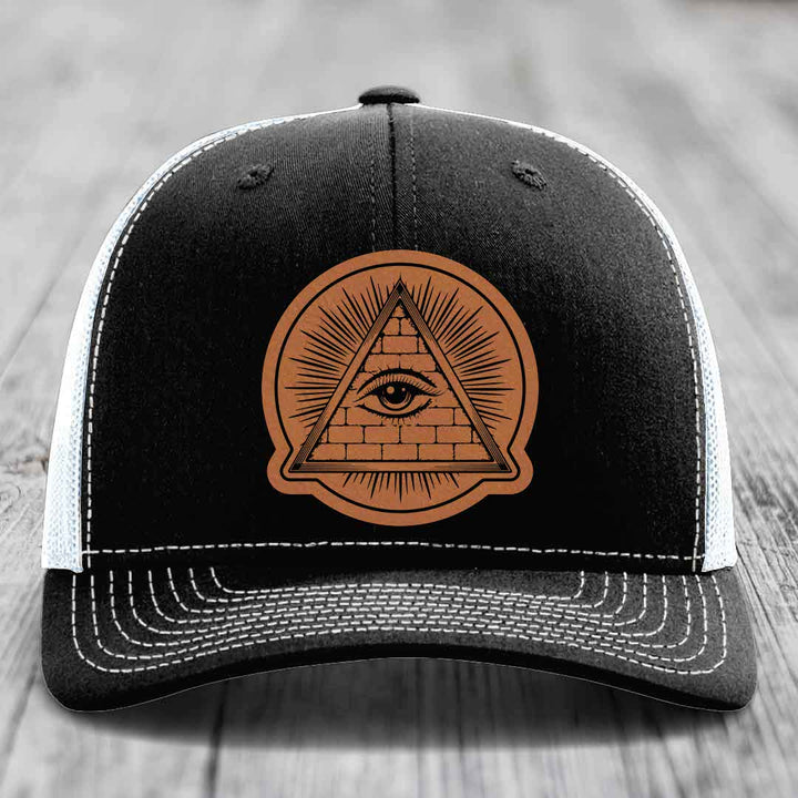 Eye of the Illuminati - Leather Patch Hat - Rawhide to Black Patch - Richardson 112 Snapback Trucker Hat