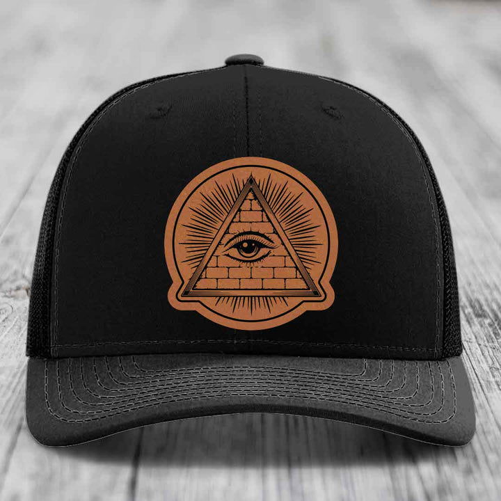 Eye of the Illuminati - Leather Patch Hat - Rawhide to Black Patch - Richardson 112 Snapback Trucker Hat