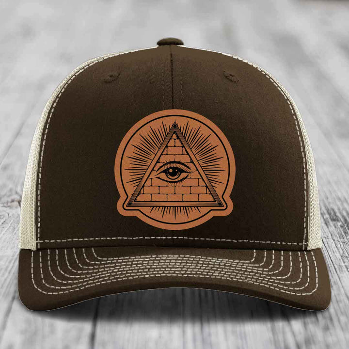 Eye of the Illuminati - Leather Patch Hat - Rawhide to Black Patch - Richardson 112 Snapback Trucker Hat