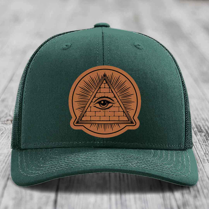 Eye of the Illuminati - Leather Patch Hat - Rawhide to Black Patch - Richardson 112 Snapback Trucker Hat