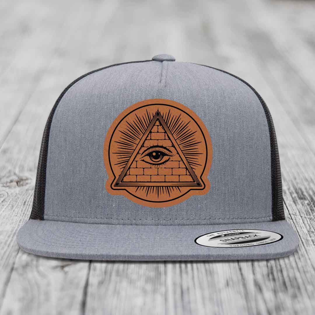 Eye of the Illuminati - Leather Patch Hat - Rawhide to Black Patch - Yupoong 6006 Snapback Flatbill Hat