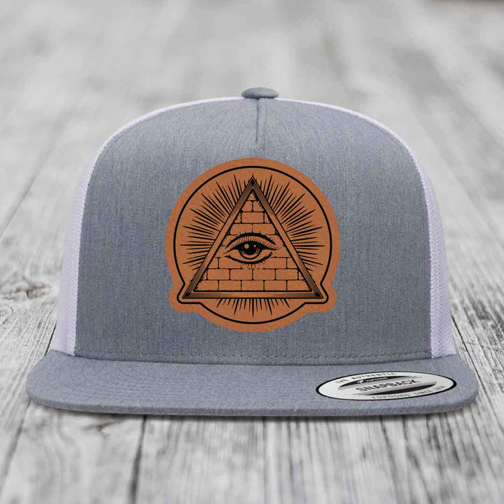 Eye of the Illuminati - Leather Patch Hat - Rawhide to Black Patch - Yupoong 6006 Snapback Flatbill Hat
