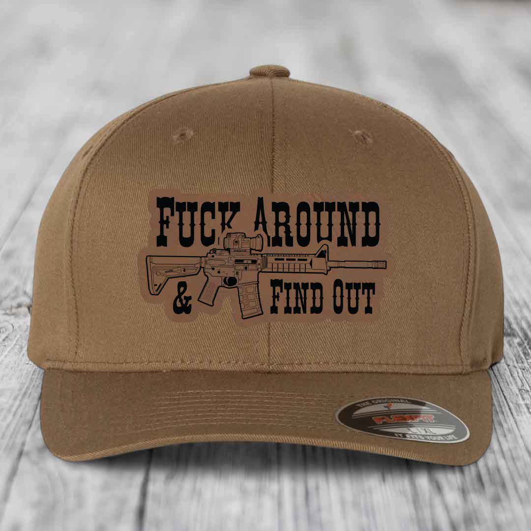 F*ck Around &amp; Find Out (AR-15) - Leather Patch Hat - Dark Brown to Black Patch - Flexfit 6277 Fitted Hat