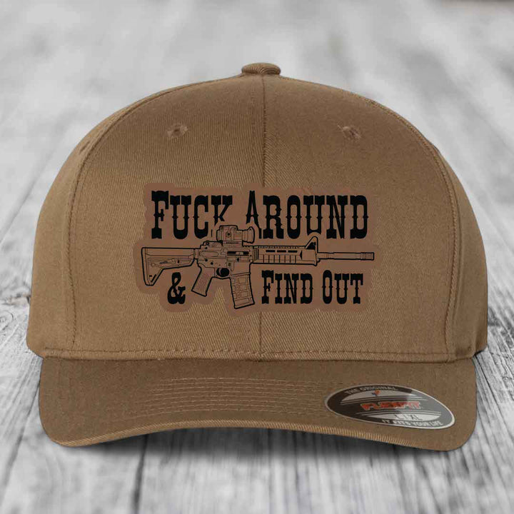 F*ck Around &amp; Find Out (AR-15) - Leather Patch Hat - Dark Brown to Black Patch - Flexfit 6277 Fitted Hat