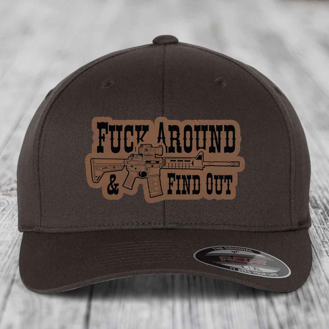 F*ck Around &amp; Find Out (AR-15) - Leather Patch Hat - Dark Brown to Black Patch - Flexfit 6277 Fitted Hat