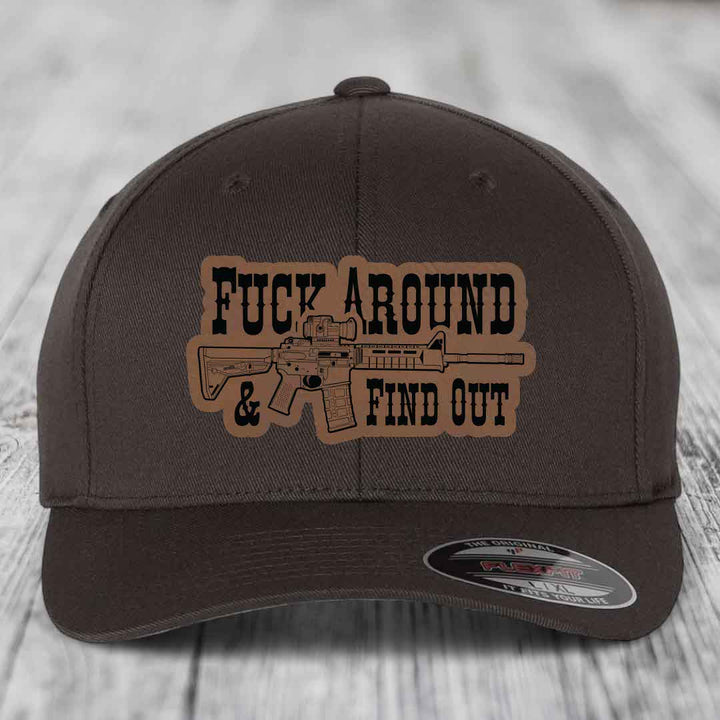 F*ck Around &amp; Find Out (AR-15) - Leather Patch Hat - Dark Brown to Black Patch - Flexfit 6277 Fitted Hat