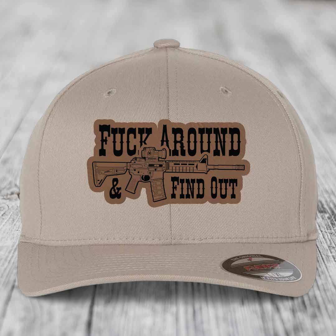 F*ck Around &amp; Find Out (AR-15) - Leather Patch Hat - Dark Brown to Black Patch - Flexfit 6277 Fitted Hat