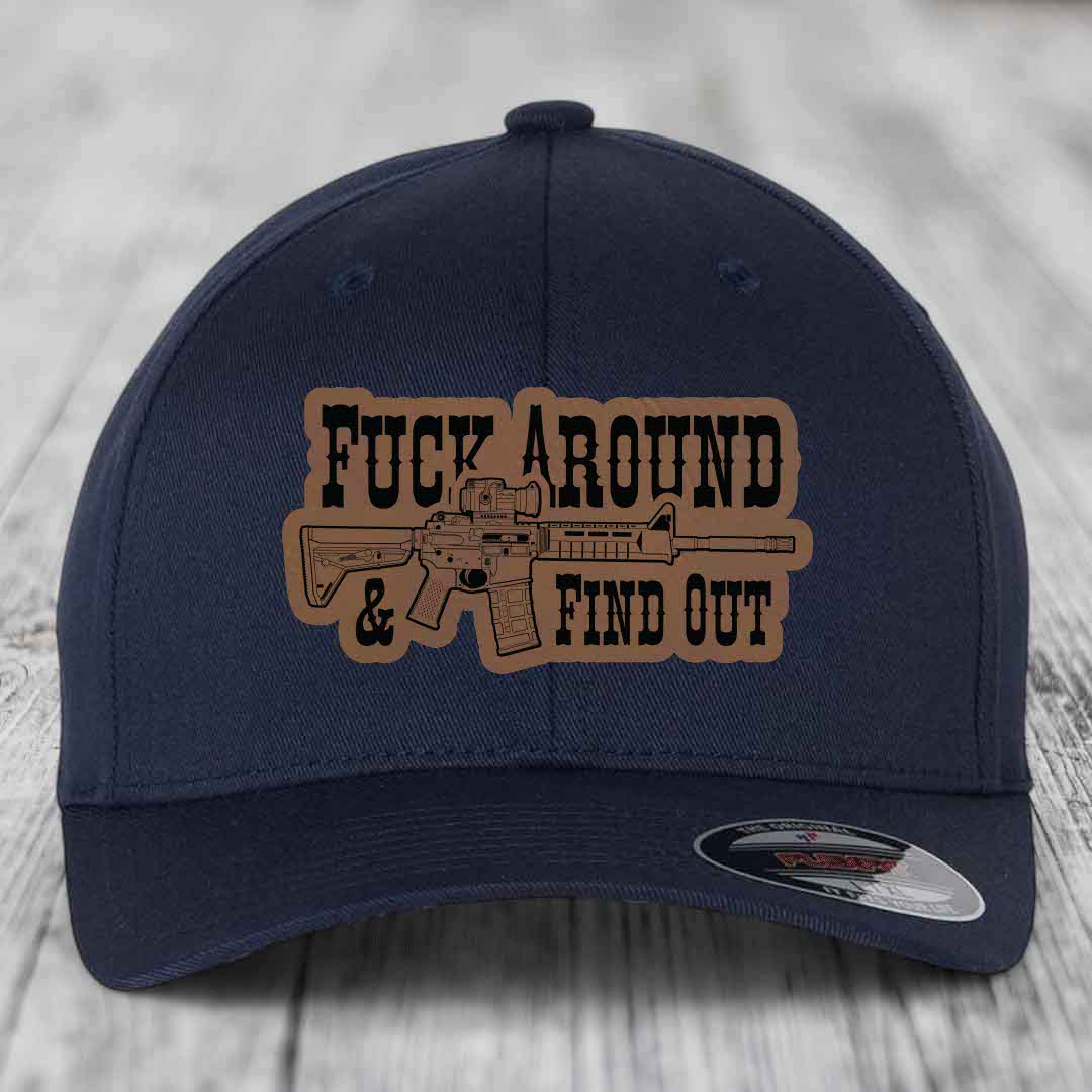 F*ck Around &amp; Find Out (AR-15) - Leather Patch Hat - Dark Brown to Black Patch - Flexfit 6277 Fitted Hat