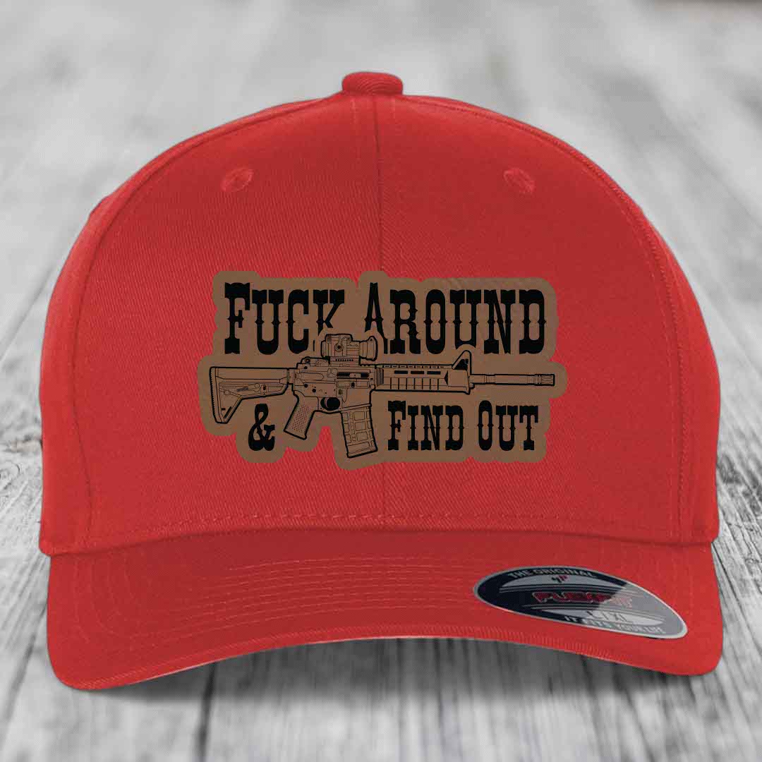 F*ck Around &amp; Find Out (AR-15) - Leather Patch Hat - Dark Brown to Black Patch - Flexfit 6277 Fitted Hat