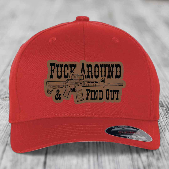 F*ck Around &amp; Find Out (AR-15) - Leather Patch Hat - Dark Brown to Black Patch - Flexfit 6277 Fitted Hat