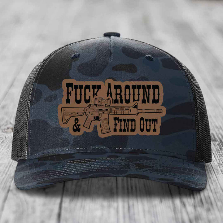 F*ck Around &amp; Find Out (AR-15) - Leather Patch Hat - Dark Brown to Black Patch - Richardson 112PFP Snapback Trucker Hat