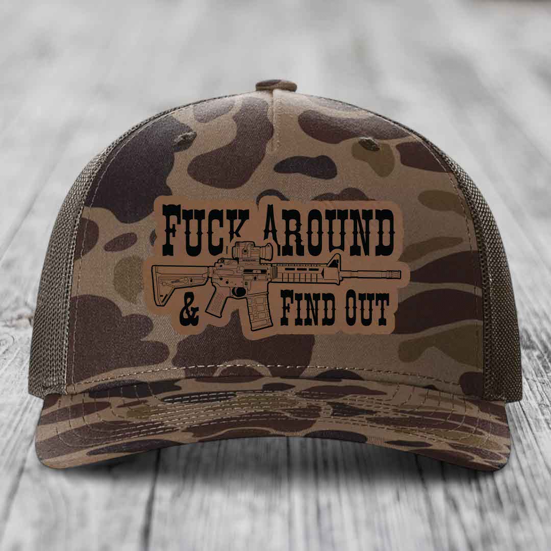 F*ck Around &amp; Find Out (AR-15) - Leather Patch Hat - Dark Brown to Black Patch - Richardson 112PFP Snapback Trucker Hat