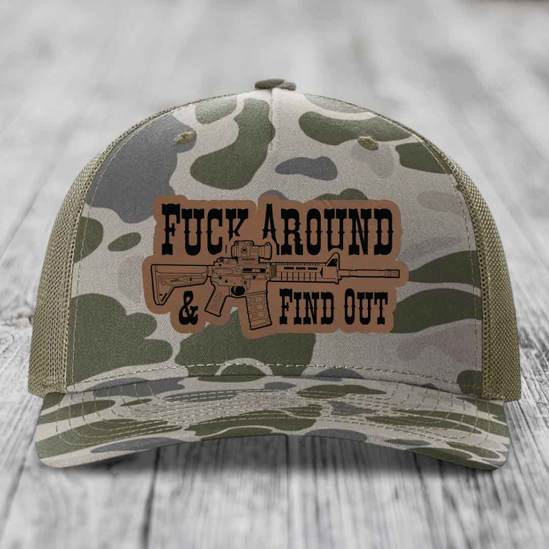 F*ck Around &amp; Find Out (AR-15) - Leather Patch Hat - Dark Brown to Black Patch - Richardson 112PFP Snapback Trucker Hat