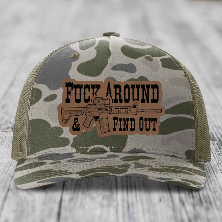 F*ck Around &amp; Find Out (AR-15) - Leather Patch Hat - Dark Brown to Black Patch - Richardson 112PFP Snapback Trucker Hat