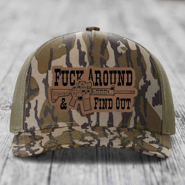 F*ck Around &amp; Find Out (AR-15) - Leather Patch Hat - Dark Brown to Black Patch - Richardson 112PFP Snapback Trucker Hat