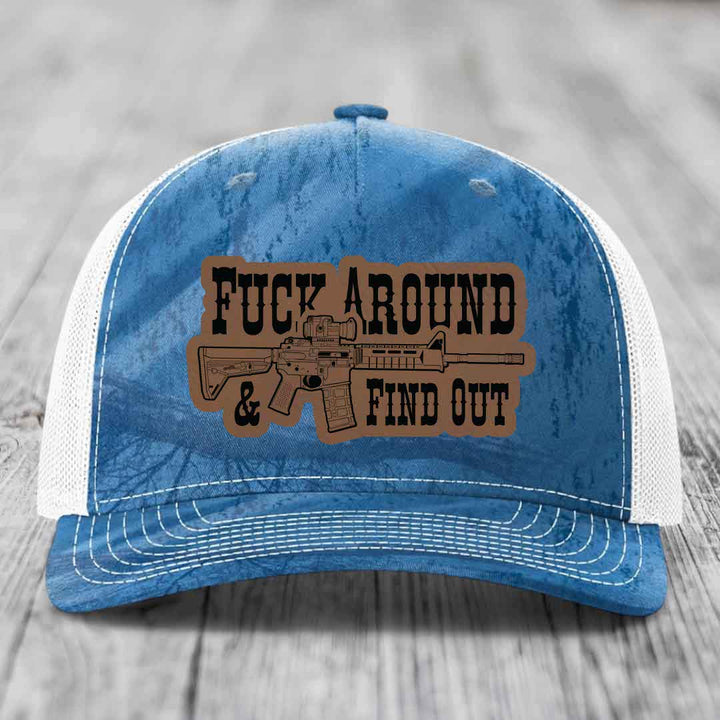 F*ck Around &amp; Find Out (AR-15) - Leather Patch Hat - Dark Brown to Black Patch - Richardson 112PFP Snapback Trucker Hat