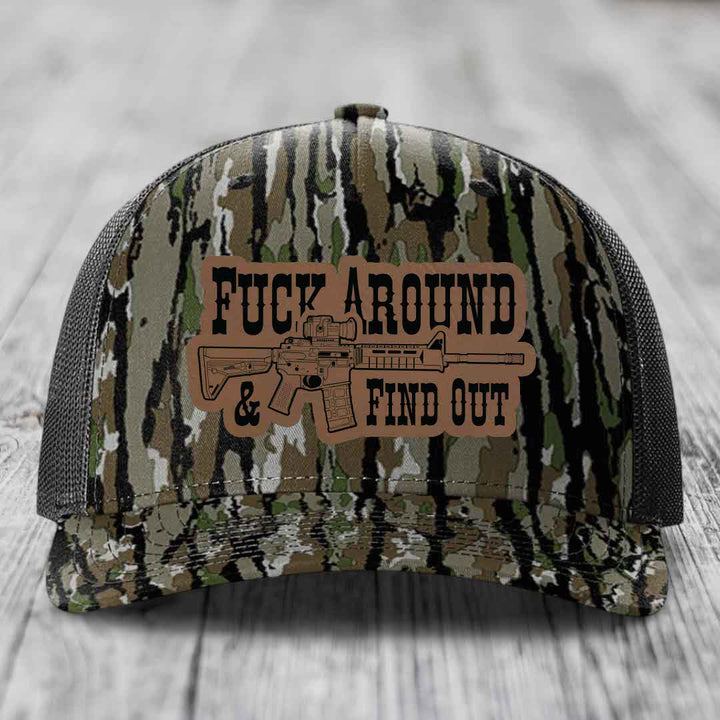 F*ck Around &amp; Find Out (AR-15) - Leather Patch Hat - Dark Brown to Black Patch - Richardson 112PFP Snapback Trucker Hat