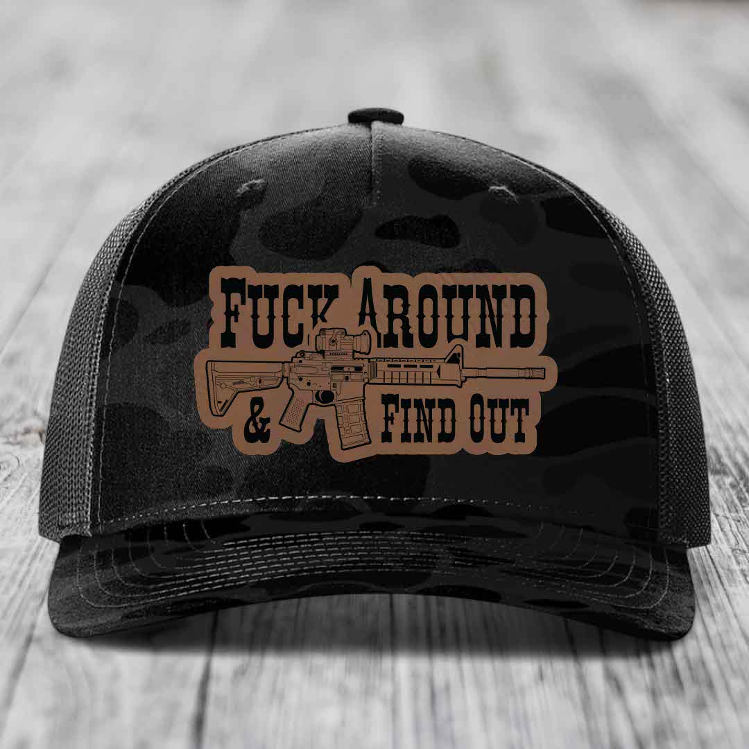 F*ck Around &amp; Find Out (AR-15) - Leather Patch Hat - Dark Brown to Black Patch - Richardson 112PFP Snapback Trucker Hat