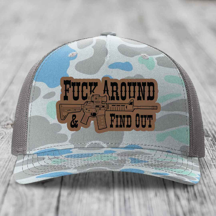 F*ck Around &amp; Find Out (AR-15) - Leather Patch Hat - Dark Brown to Black Patch - Richardson 112PFP Snapback Trucker Hat
