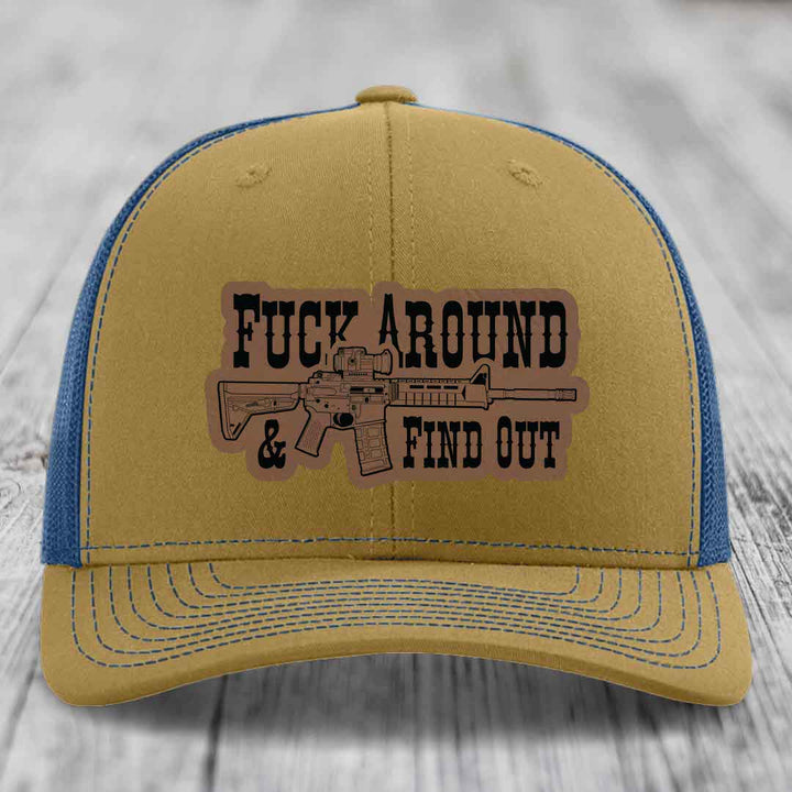 F*ck Around &amp; Find Out (AR-15) - Leather Patch Hat - Dark Brown to Black Patch - Richardson 112 Snapback Trucker Hat