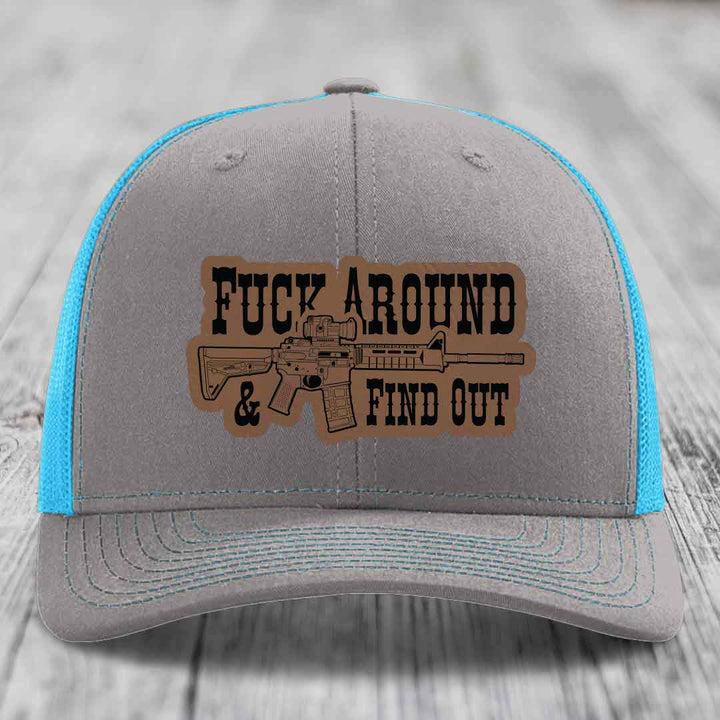 F*ck Around &amp; Find Out (AR-15) - Leather Patch Hat - Dark Brown to Black Patch - Richardson 112 Snapback Trucker Hat
