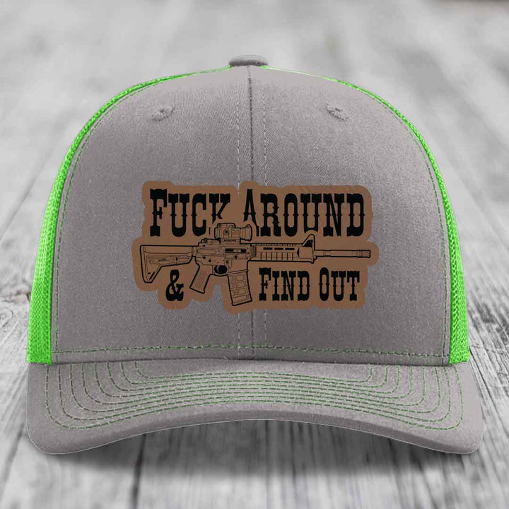 F*ck Around &amp; Find Out (AR-15) - Leather Patch Hat - Dark Brown to Black Patch - Richardson 112 Snapback Trucker Hat