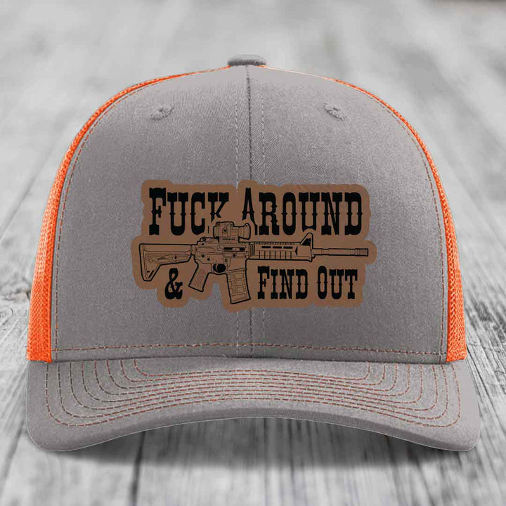 F*ck Around &amp; Find Out (AR-15) - Leather Patch Hat - Dark Brown to Black Patch - Richardson 112 Snapback Trucker Hat