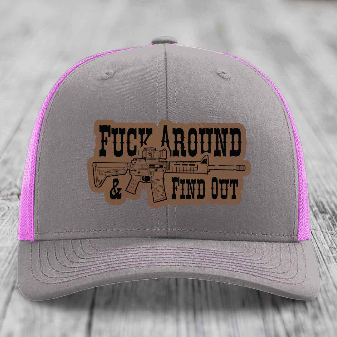 F*ck Around &amp; Find Out (AR-15) - Leather Patch Hat - Dark Brown to Black Patch - Richardson 112 Snapback Trucker Hat