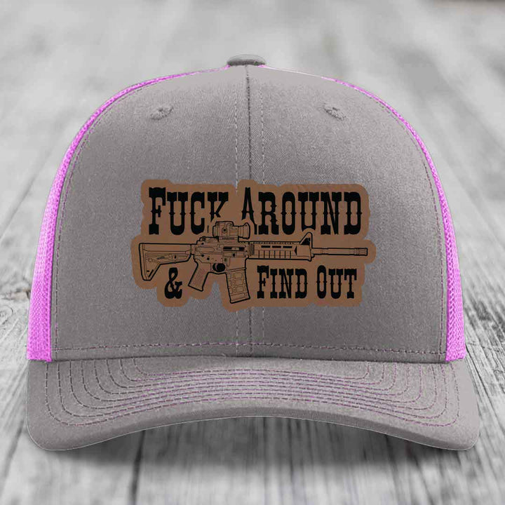 F*ck Around &amp; Find Out (AR-15) - Leather Patch Hat - Dark Brown to Black Patch - Richardson 112 Snapback Trucker Hat