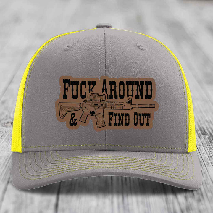 F*ck Around &amp; Find Out (AR-15) - Leather Patch Hat - Dark Brown to Black Patch - Richardson 112 Snapback Trucker Hat