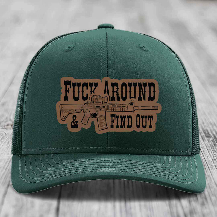 F*ck Around &amp; Find Out (AR-15) - Leather Patch Hat - Dark Brown to Black Patch - Richardson 112 Snapback Trucker Hat