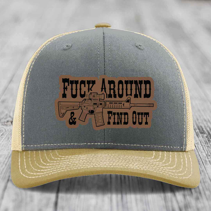 F*ck Around &amp; Find Out (AR-15) - Leather Patch Hat - Dark Brown to Black Patch - Richardson 112 Snapback Trucker Hat