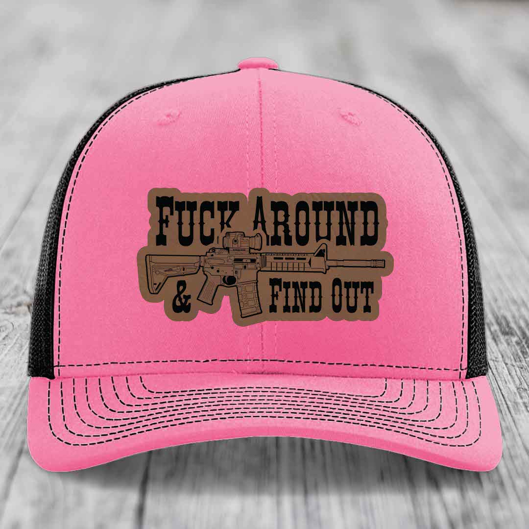 F*ck Around &amp; Find Out (AR-15) - Leather Patch Hat - Dark Brown to Black Patch - Richardson 112 Snapback Trucker Hat