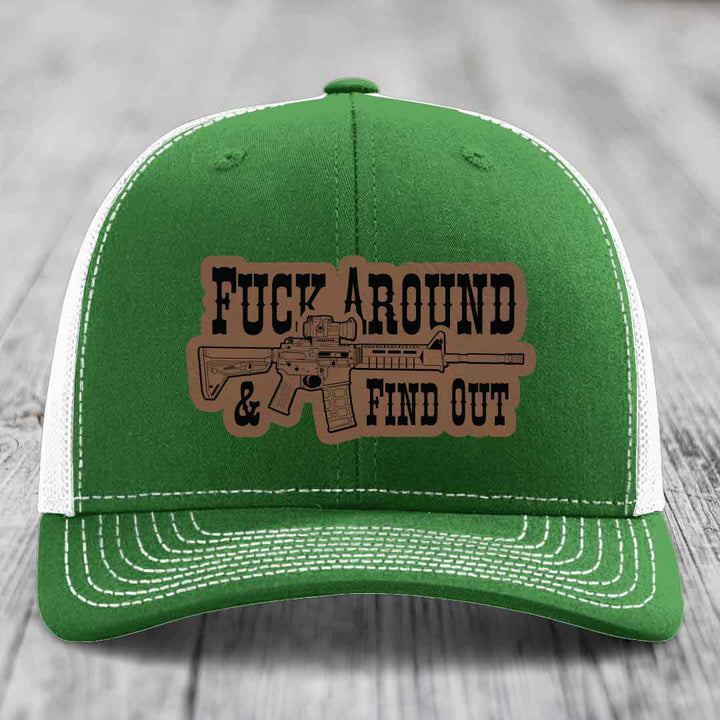 F*ck Around &amp; Find Out (AR-15) - Leather Patch Hat - Dark Brown to Black Patch - Richardson 112 Snapback Trucker Hat