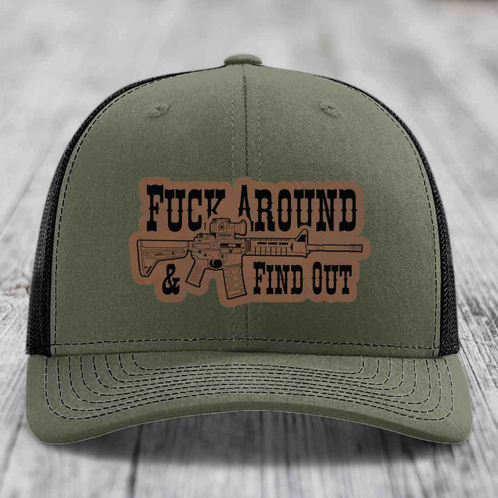 F*ck Around &amp; Find Out (AR-15) - Leather Patch Hat - Dark Brown to Black Patch - Richardson 112 Snapback Trucker Hat