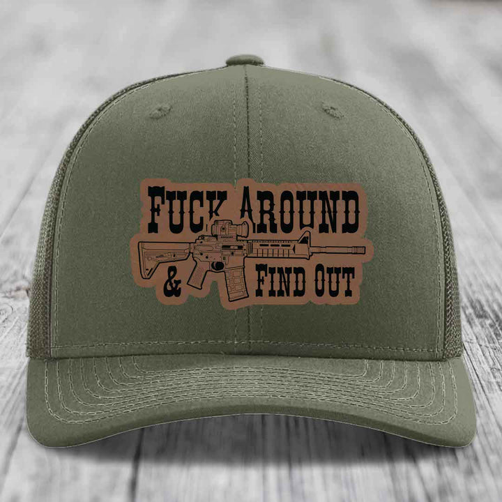 F*ck Around &amp; Find Out (AR-15) - Leather Patch Hat - Dark Brown to Black Patch - Richardson 112 Snapback Trucker Hat