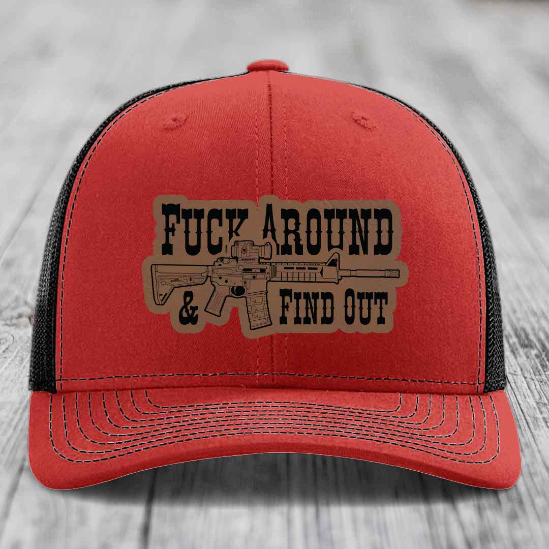F*ck Around &amp; Find Out (AR-15) - Leather Patch Hat - Dark Brown to Black Patch - Richardson 112 Snapback Trucker Hat