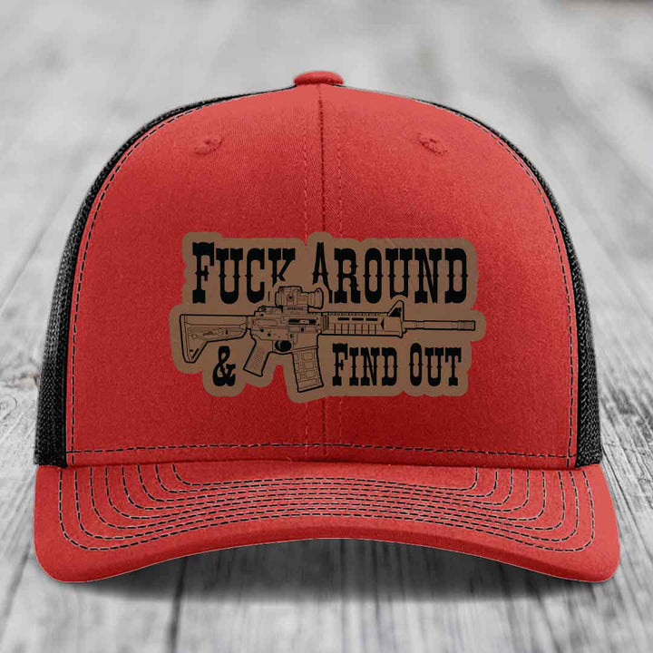 F*ck Around &amp; Find Out (AR-15) - Leather Patch Hat - Dark Brown to Black Patch - Richardson 112 Snapback Trucker Hat