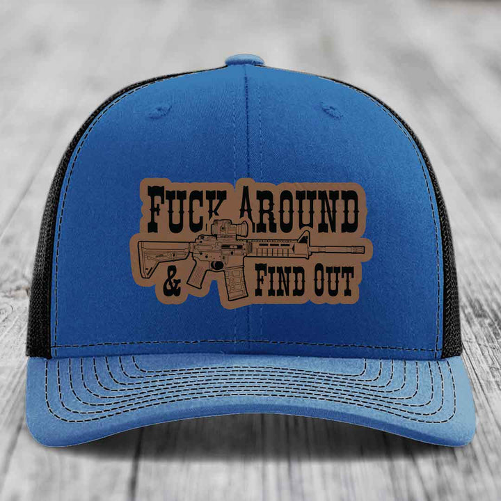 F*ck Around &amp; Find Out (AR-15) - Leather Patch Hat - Dark Brown to Black Patch - Richardson 112 Snapback Trucker Hat