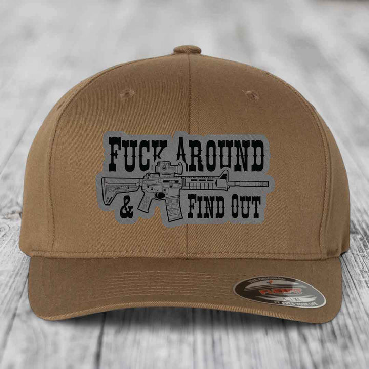 F*ck Around &amp; Find Out (AR-15) - Leather Patch Hat - Grey to Black Patch - Flexfit 6277 Fitted Hat