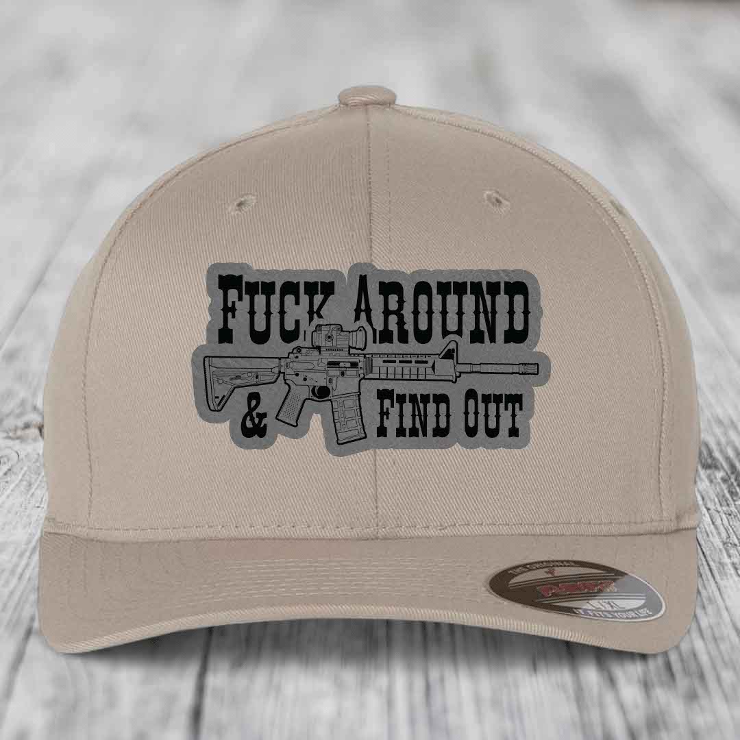F*ck Around &amp; Find Out (AR-15) - Leather Patch Hat - Grey to Black Patch - Flexfit 6277 Fitted Hat