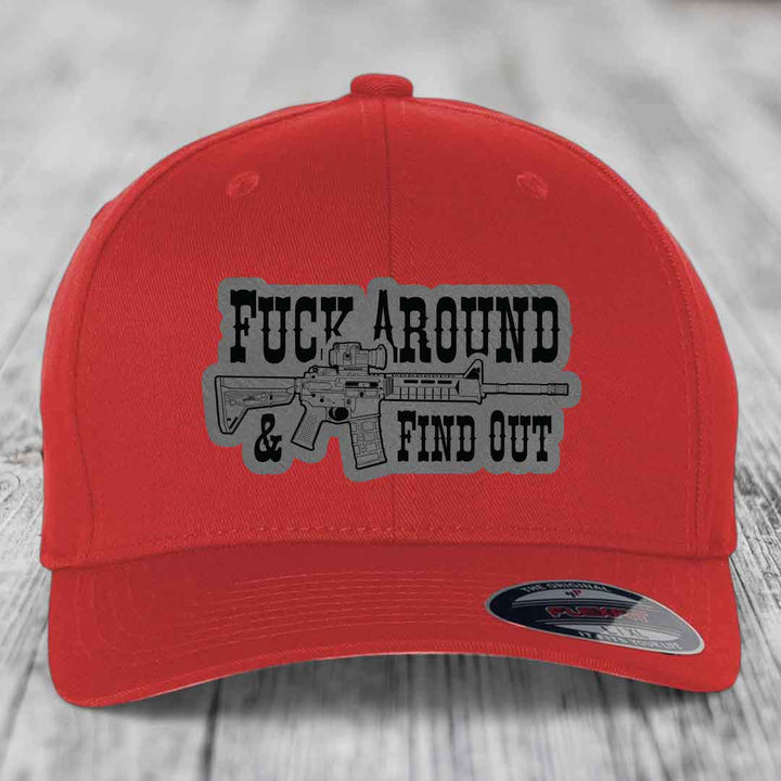 F*ck Around &amp; Find Out (AR-15) - Leather Patch Hat - Grey to Black Patch - Flexfit 6277 Fitted Hat