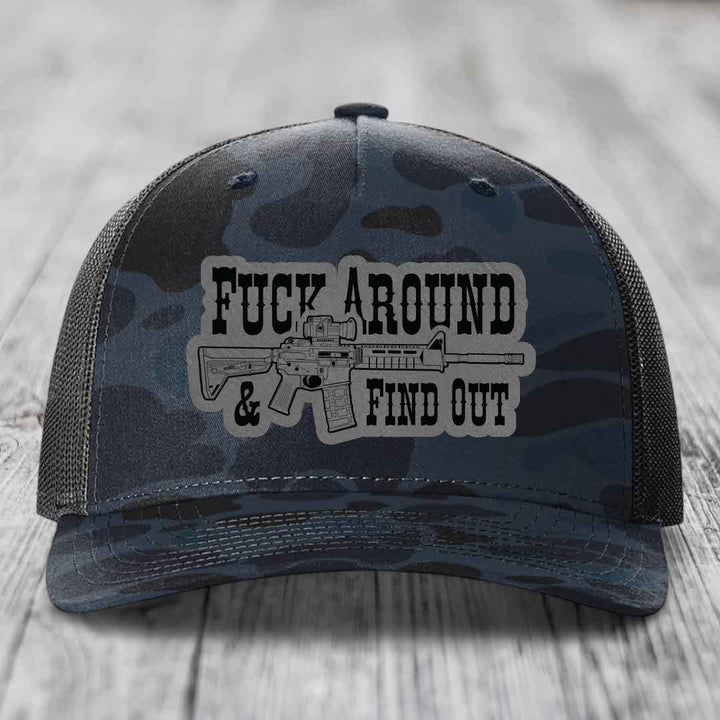 F*ck Around &amp; Find Out (AR-15) - Leather Patch Hat - Grey to Black Patch - Richardson 112PFP Snapback Trucker Hat