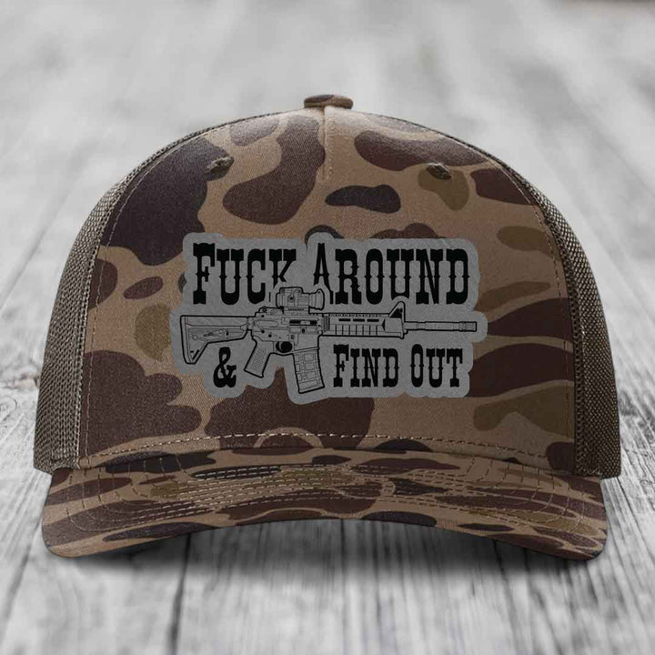 F*ck Around &amp; Find Out (AR-15) - Leather Patch Hat - Grey to Black Patch - Richardson 112PFP Snapback Trucker Hat