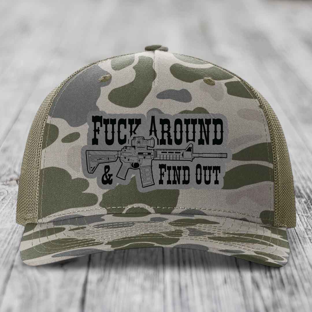 F*ck Around &amp; Find Out (AR-15) - Leather Patch Hat - Grey to Black Patch - Richardson 112PFP Snapback Trucker Hat