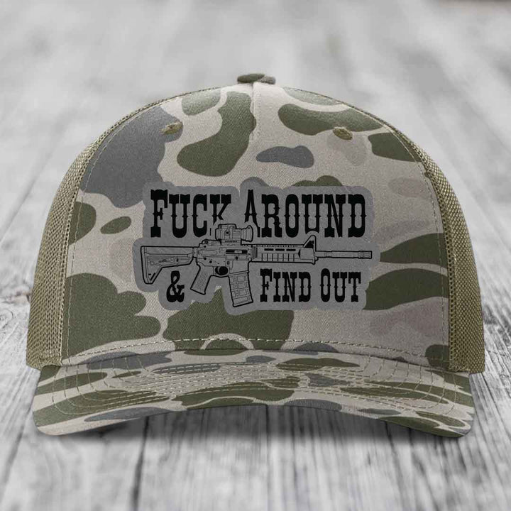 F*ck Around &amp; Find Out (AR-15) - Leather Patch Hat - Grey to Black Patch - Richardson 112PFP Snapback Trucker Hat